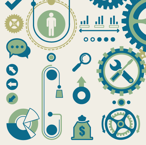 Business process and workflow icons with gears, charts, and tools.